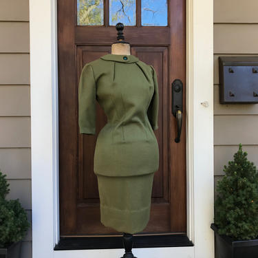 1960s Wool Tweed Dress, Olive Green, Shift Dress, Jumper, Fitted Dress 