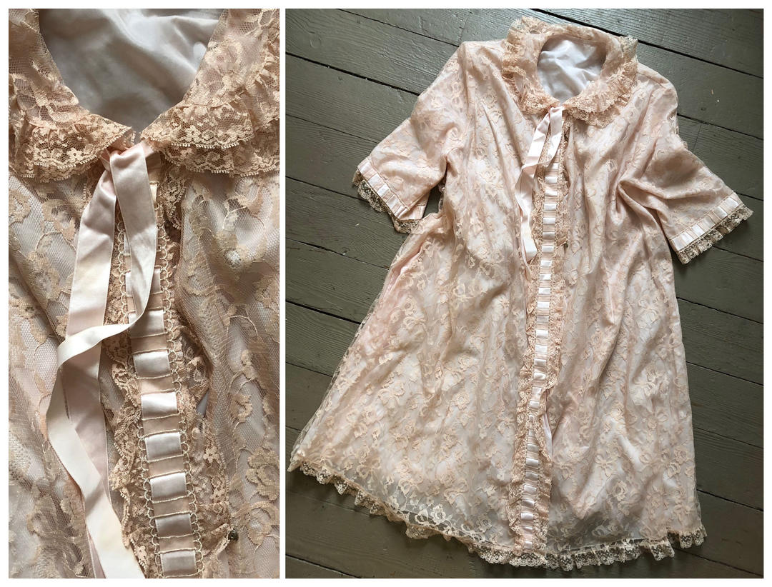 true vintage ‘50s pink lace robe, frilly lace peignoir, pastel | Age of ...