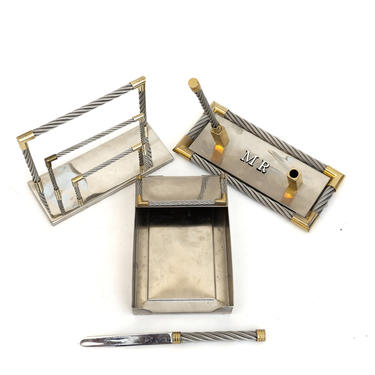 Sharp 5-Piece Mid Century Silver &amp; Gold Desk Set : Letter Rack | Pen Sheath | Paper Tray | Pen| Envelope Opener || Adele's West Brentwood 