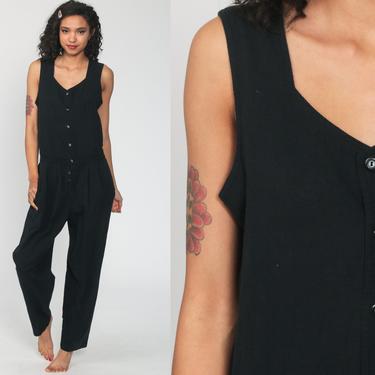 90s Jumpsuit Black Playsuit Liz Claiborne Tapered Pant Button Up Sleeveless Jumpsuit 1980s Vintage Pantsuit Plain Basic Low Waist Large 