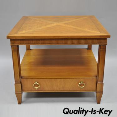 Baker Furniture Regency Style Square Lamp End Table Walnut 1 Drawer Sunburst Top