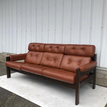 Mid Century Scandinavian Leather &amp; Teak Sofa 
