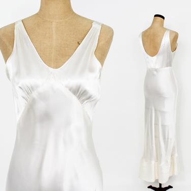 1930s White Satin Nightgown | 30s White Silk Satin Slip | Small 