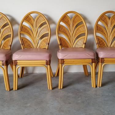 McGuire Style Tropical Rattan Leaf Back Dining Chairs - Set of 4 