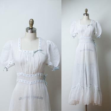 1930s White Organdy dress / 30s Puff Sleeve Sheer Ribbon Trim Dress  AS IS 