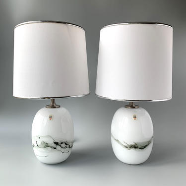 Pair of Danish Holmegaard White and Gray Sakura Lille Oval Glass Lamps by Michael Bang 