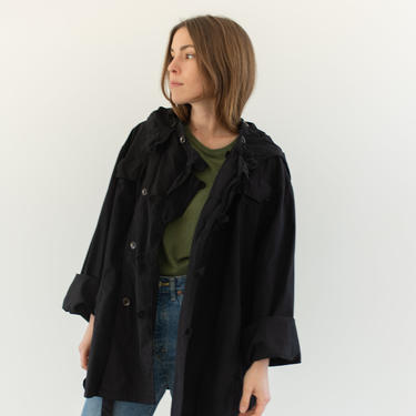 Vintage Black Hood Jacket | Smock Drawstring Layer | Overdye Cotton Swing Coat | L | 