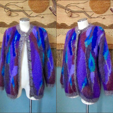 COZY DOES IT Vintage 80s Icelandic Design Sweater, 1980s Purple Mohair Slouchy Chunky Knit Cardigan, 90s Oversized Avant Garde, Small Medium 