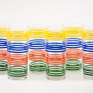 Set of Six 1950s Mid-Century Modern Rainbow Stripe Drinking Glasses 