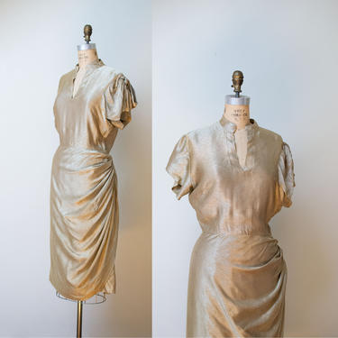 1950s Sarong Dress / 50s Straw Gold Asymmetrical Draped Dress 