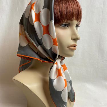60’s 100% silk Vera scarf large Mod polkadot pattern vibrant gray with orange white pattern large square headscarf neckerchief hair tie 