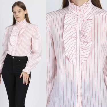 80s White & Red Striped Ruffle Trim Blouse - Large | Vintage Long Sleeve Button Up Top 