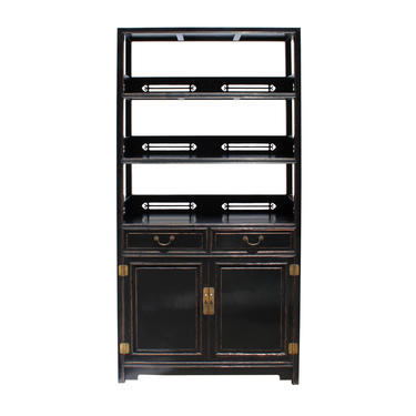 Chinese Distressed Black Lacquer 3 Shelves bookcase Display Cabinet cs5717E 