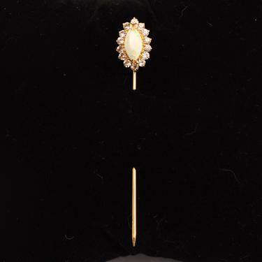 60's white opal foiled crystal gold plated metal stick pin, elegant pointed oval fire opal rhinestone bling hat lapel pin 