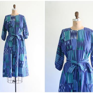 vintage batik print dress - blue cotton dress / Coco Shop - Antigua . West Indies / 1970s - 80 blue &amp; green block print dress 