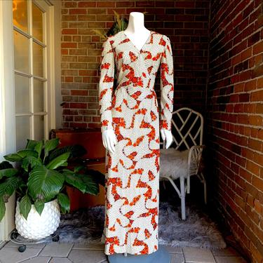 1970s Nylon Jersey Pumpkin Daisy Print Maxi Dress M