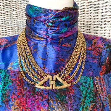 Viintage Statement Necklace, Layered, Multi Strand, Layered, Glam Clasp, Silver Tone Chains, 60s 