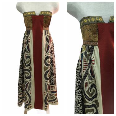 Vintage 90s Nicole Miller Collection Empire Waist Strapless Patterned Velvet Midi Dress 