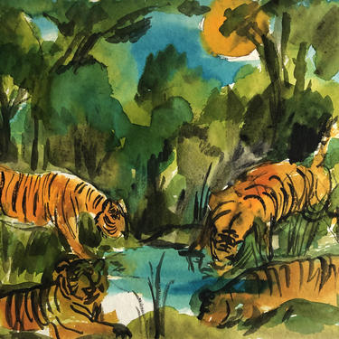 Colorful vintage watercolor painting of tigers drinking at a pond by Henry C Meyer. 14” W x 10” H 