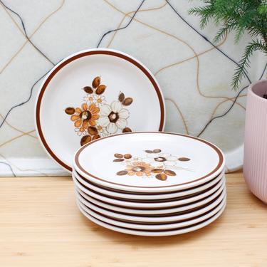 Vintage 1970s Speckled Stoneware Woodhaven Collection Pleasant Grove Floral Snack/Bread Plates - Set/8 