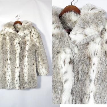 Vintage 80s Faux Fur Vegan Snow Leopard Winter Coat Made In USA Size M 