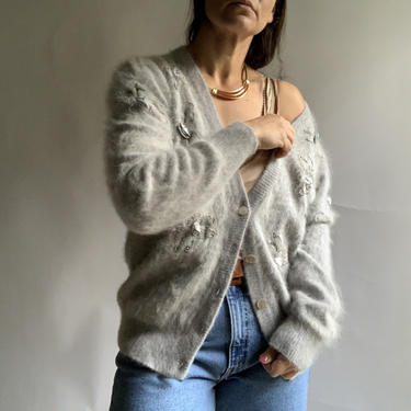 Vintage Soft Grey Angora Cardigan Sweater, Size Large 