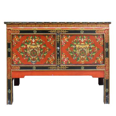 Tibetan Oriental Black Orange Red Floral End Table Nightstand Side Table cs4908S