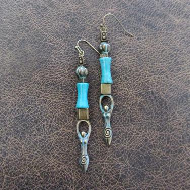 Turquoise and patina earrings, brass African goddess statement earrings, Afrocentric earrings, bold statement earrings, boho chic 