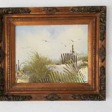 Vintage Tropical Coastal Landscape Oil Painting , Signed . 
