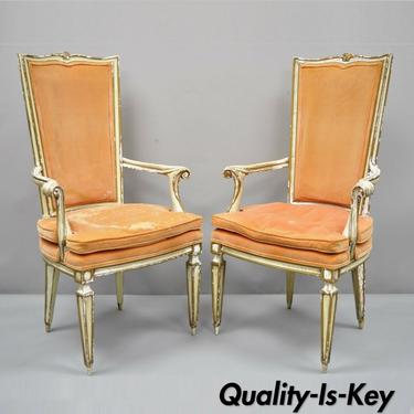 Pair of Karges Italian Venetian Cream &amp; Gold Distress Painted Dining Arm Chairs