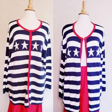 1990s Cardigan Red White Blue American Flag July 4th /Button Down Sweater Stars Stripes Nautical Independence Day Patriotic Oversized Martha 