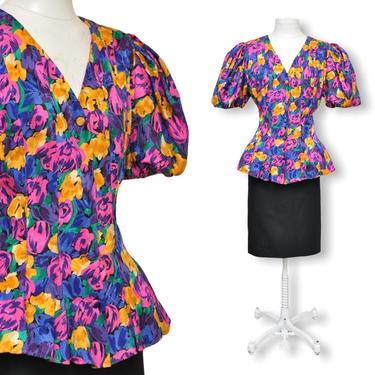 Vintage Silk Floral Print Peplum Blouse with Puffy Sleeves Purple Yellow and Pink Flower Print Top L 8/10 