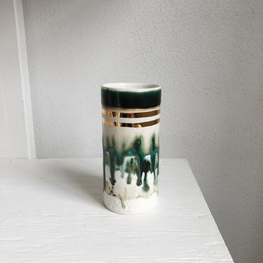 Green Striped Ceramic Cylinder Vase with Gold. The Object Enthusiast. Handmade painted, multi colored striped vase with gold. Ceramics. 