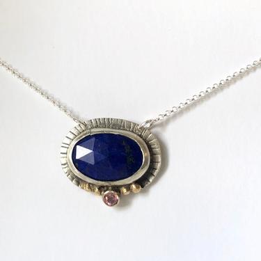 Lapis and Pink Tourmaline Silver and Gold Pendant Handmade and One of a Kind 
