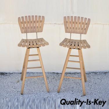 Vintage Mid Century Modern Wooden Slat Umanoff Barstools Chairs - a Pair