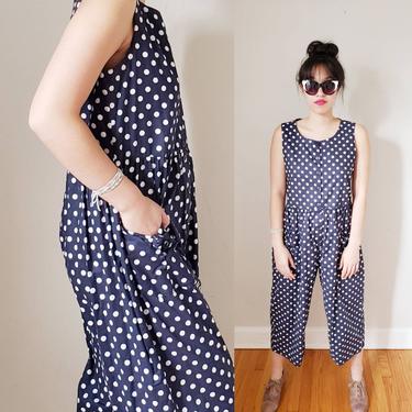 1990s Black Sleeveless Jumpsuit / 90s Summer Onesie Minimalist One Piece Outfit Wide Legged Pants / L / Madison by RareJuleVintage