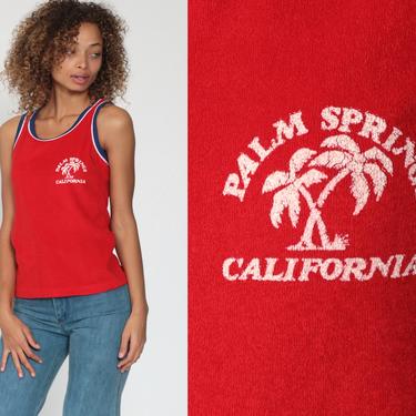Palm Springs Tank Top Red Ringer Tee 80s Retro TERRY CLOTH Shirt California Sleeveless Top 1980s Athletic Shirt Vintage Sports Small 