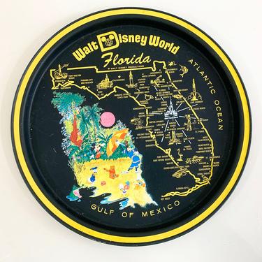 Vintage Metal Florida Drink Tray Plate Souvenir Retro Round Walt Disney World Mid-Century Barware Mickey Mouse Donald Duck Goofy 