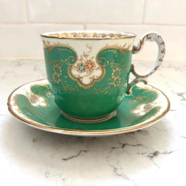 Rare Vintage Royal Worcester English Bone China Demitasse Fancy Green and Gold Teacup and Saucer Set - Antique Royal Worcester Fancy Cup by LeChalet