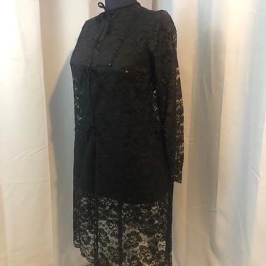 1950s Sheer Black Lace Robe Dress night gown floral pinup L 