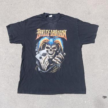 Harley Davidson T-shirt St Maarten Skull Joker Legendary Huge Logo Distressed Faded Black Grunge Biker Clothing Collectors Large 
