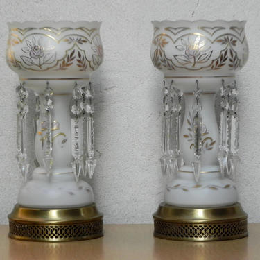 Pair Gold &amp; White Glass Table Lamps with Dangle Crystals 