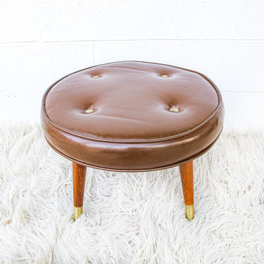 Mid-Century Modern Round Stool with Wood and Brass Legs 