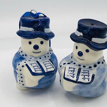 Vintage Pair (2)  Blue and White Holiday Christmas ornament - Hand Painted Authentic Delft Blue -Featuring Snowman 
