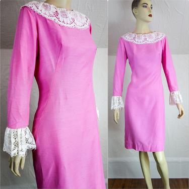 Vintage bubblegum pink 60s baby doll dress size medium with long sleeves &amp; crochet lace ruffle, pastel gogo jumper for mod MCM 50s style 