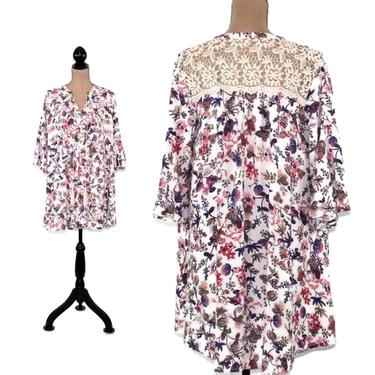 Bell Sleeve Boho Dress Women, White Floral with Pink & Purple Print, Short Summer Mini, Flowy Loose Fit Lace Back, Romantic Hippie Clothes 