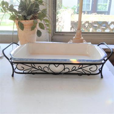 VINTAGE Corelle Blue Hearts Dish// Blue Hearts oblong Casserole Dish with wire holder// Country Farmhouse Baking Dish 