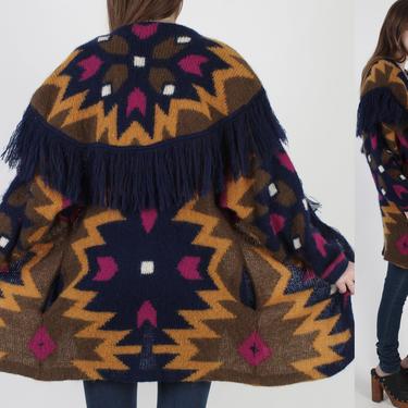 Vintage 80s Oversize Mohair Cardigan / 1980s Fuzzy Southwestern Indian Sweater /  Mohair Native American Fringe Sweater Pockets Jacket 