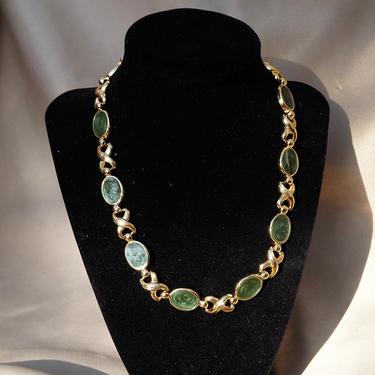 Vintage Gold Tone Green Enamel Chain Collar Necklace 