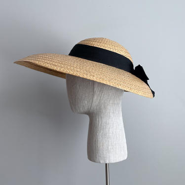Vintage 40s Wide Brim Straw Hat w/ Black Bow 